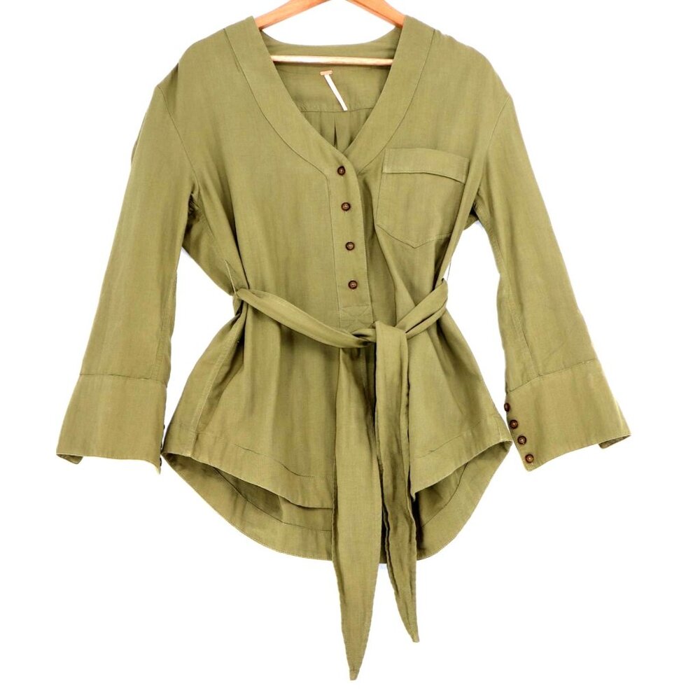 Free People Button-Down Blouse Belted Waist Long Sleeves XS Vintage Cottagecore